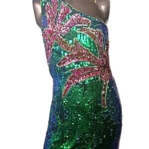 Nasty Gal Sequin Mini Dress 12 Green Pink One Shoulder Party Cocktail Club NWT